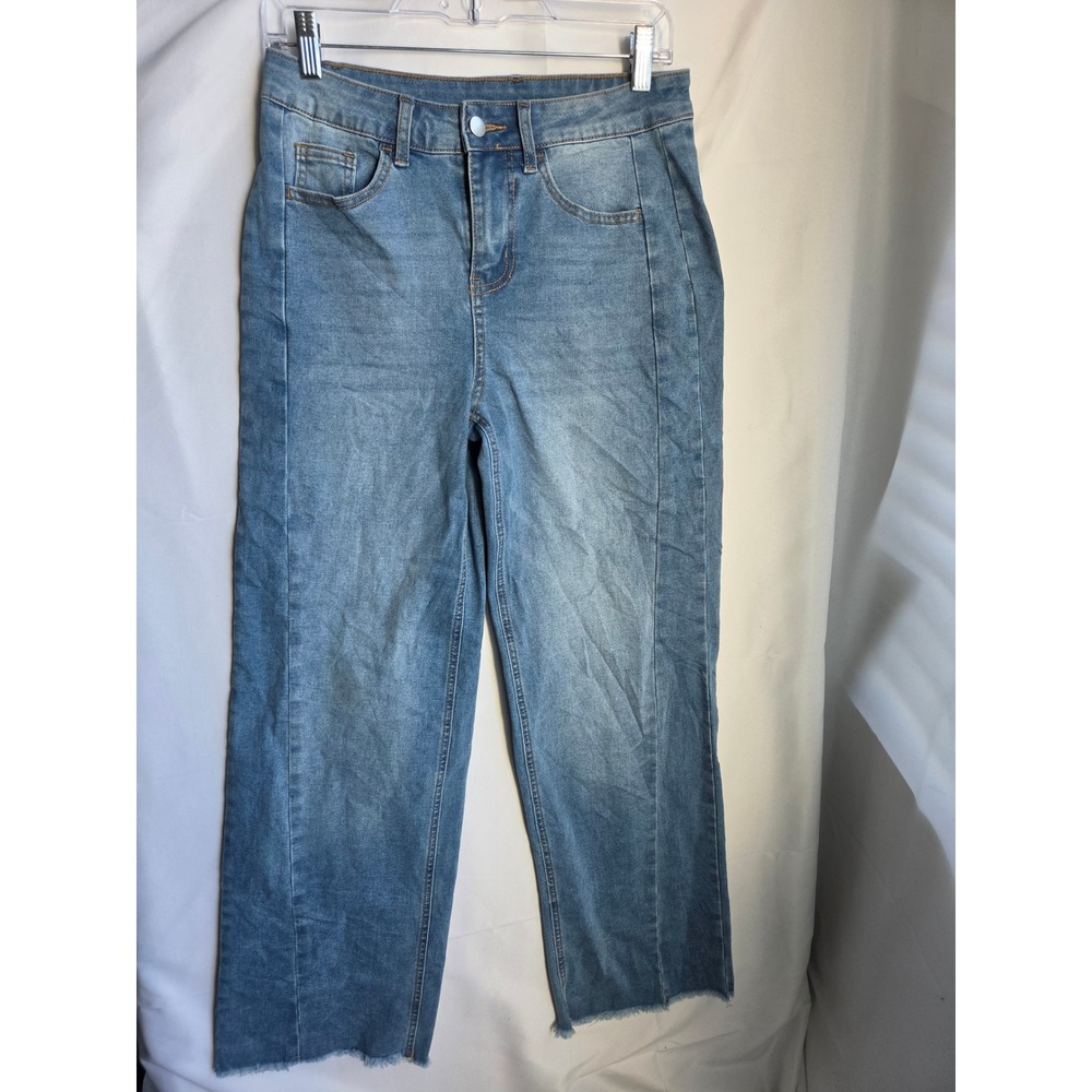 Sidefeel Wide Leg Jeans Womens Blue Medium Wash Relaxed High Rise Raw Hem